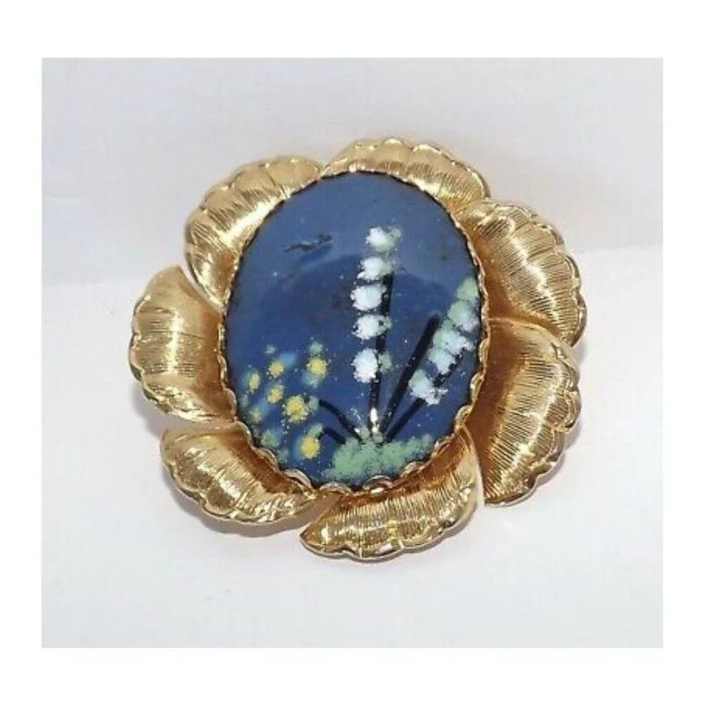 Vintage Enamel on Copper Picture Flower Scenery Gold plated Brooch Pin Pendant